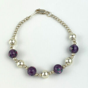 New Women's Sterling Silver 925 Floral Art Purple Glass Beaded Bracelet 7.5"